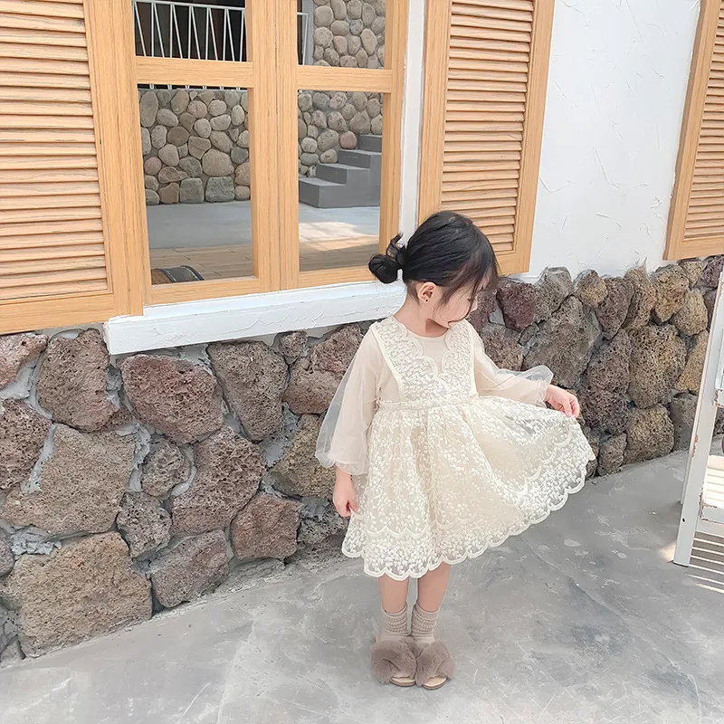 2019 Autumn New Arrival korean style cotton all-match princess lace grenadine long sleeve party dress for sweet cute baby girls | Детская