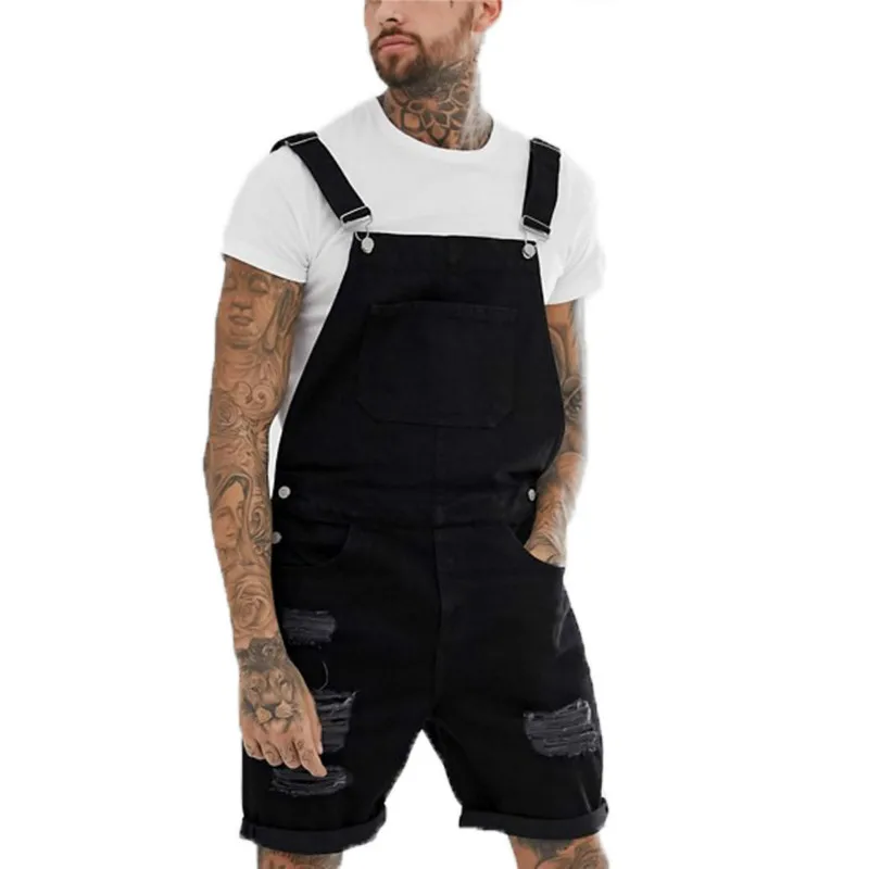 

Straight Ripped Short Suspender Pants 2020 Summer Fashion Elastic Denim Pants Slim Fit Black Distressed Denim Overalls Male 3XL
