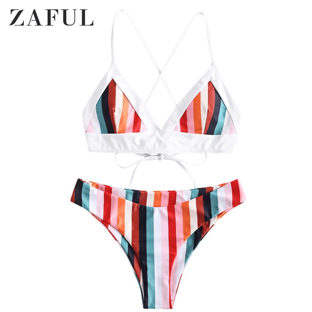 ZAFUL Бикини Разноцветный полосатый бикини Спагетти-бретельки для женщин Купальный костюм Проволока Бесплатный Мягкий купальный костюм - Цвет: Multi a