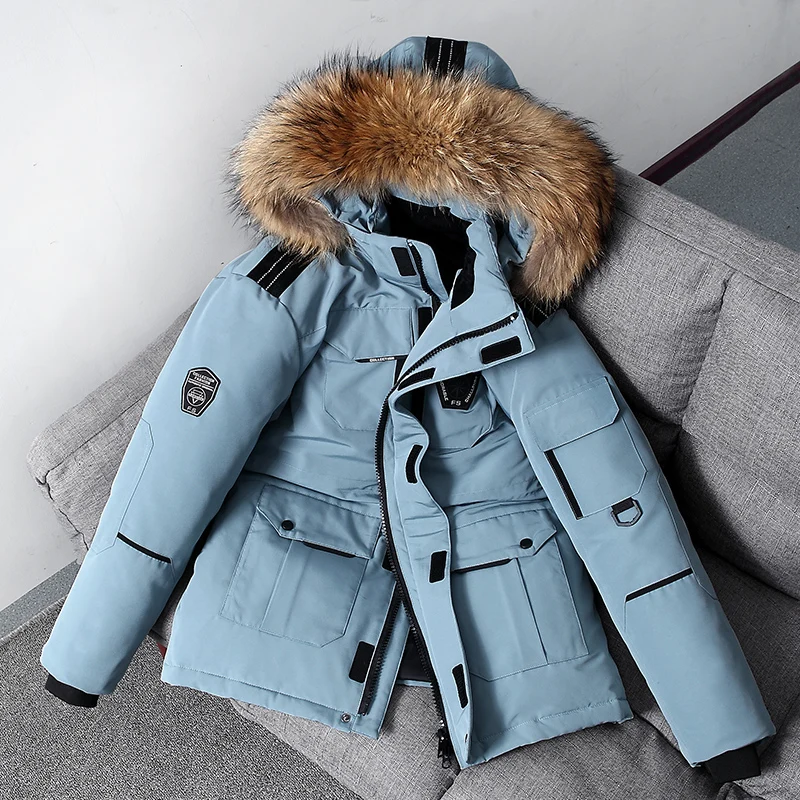 

-30 Degree Winter Down Jacket Men 90% White Duck Down Parkas Coat Mid-length Large Fur Collar Down Thicken Coat Snow Overcoat
