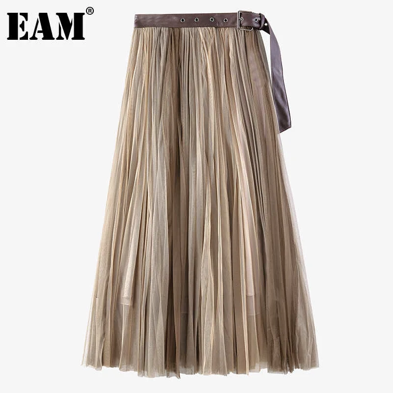 

[EAM] High Elastic Waist Coffee Color Mesh Double Layers Long Half-body Skirt Women Fashion Tide New Spring Summer 2022 1DD9774