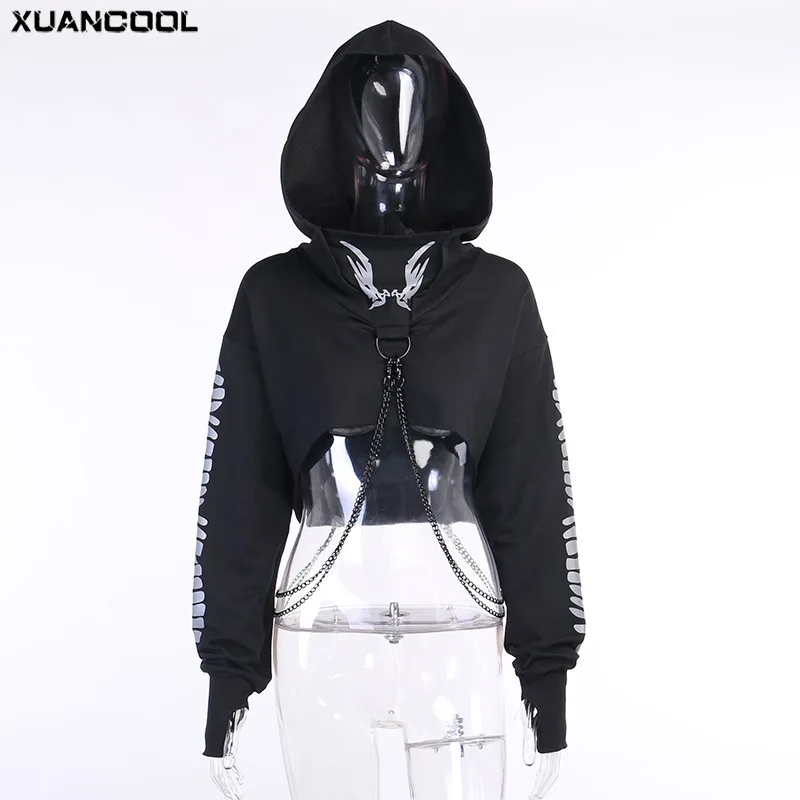 

XUANCOOL Loose Gothic Black Clothes Reflective Fish Bone Printed Hoodies Sweatshirt Female Long Sleeve Chain Crop Tops Sudaderas