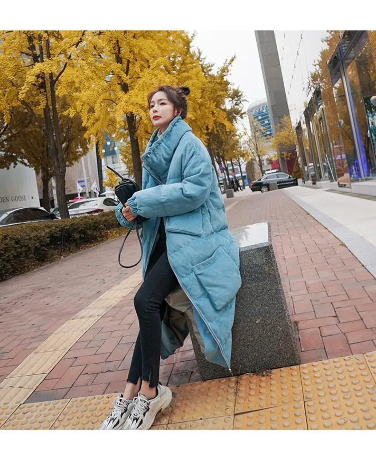 

Women 2021 Winter New X-long Corduroy Down Cotton Jackets Female Solid Color Padded Coats Ladies Loose Warm Overcoats Y650