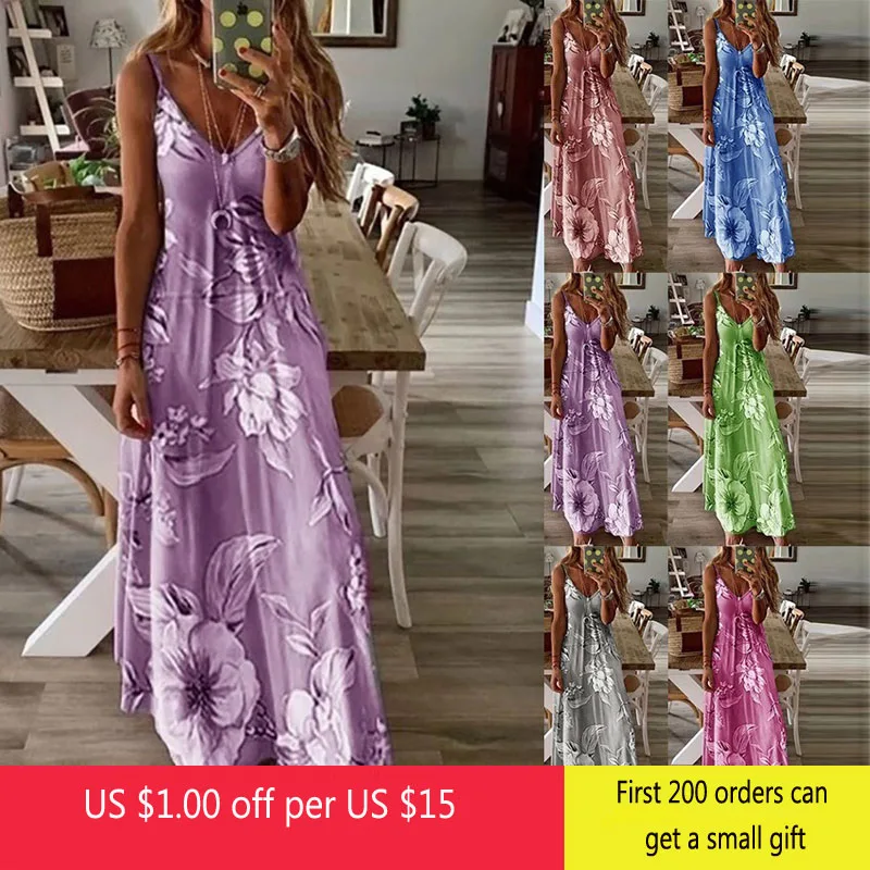 Женское платье без рукавов на тонких бретельках с цветочным принтом летнее