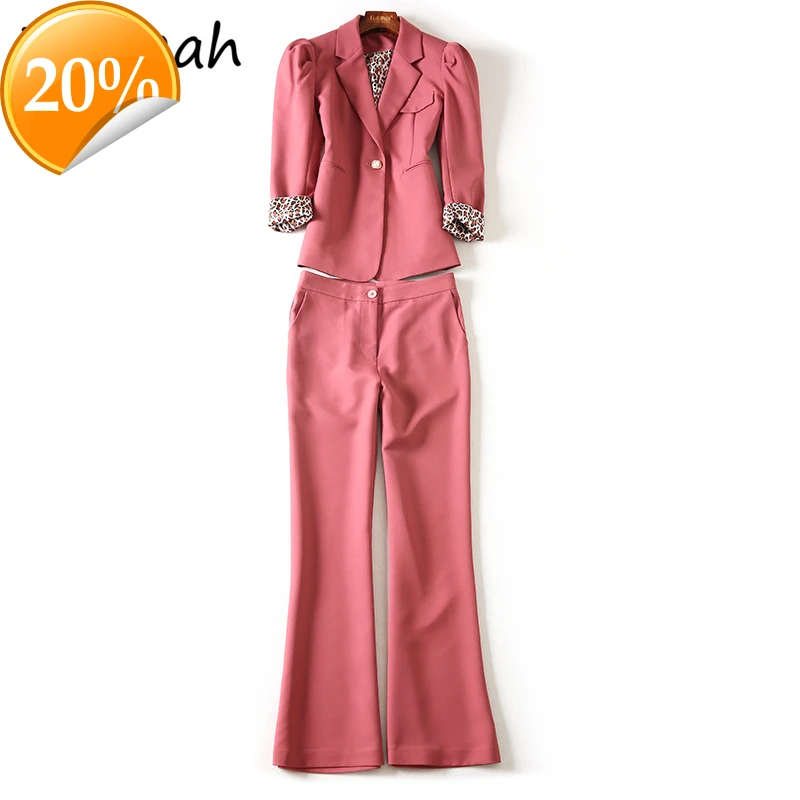 

New 2021 Women Spring Fashion Runway Pant Set Long arm Thin jacket + High waist pressure Long pants 2 two pieces of
