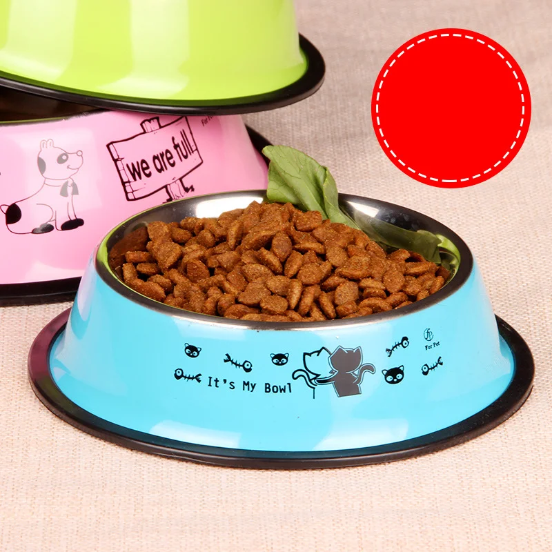 

Stainless steel pet bowl anti slip and fall resistant cat and dog stainless steel water bowl painting English cartoon single bow