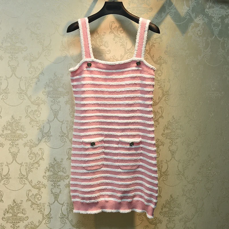 

Роскошное Брендовое дизайнерское вязаное платье для женщин винтажное пушистое розовое вязаное платье-комбинация в полоску