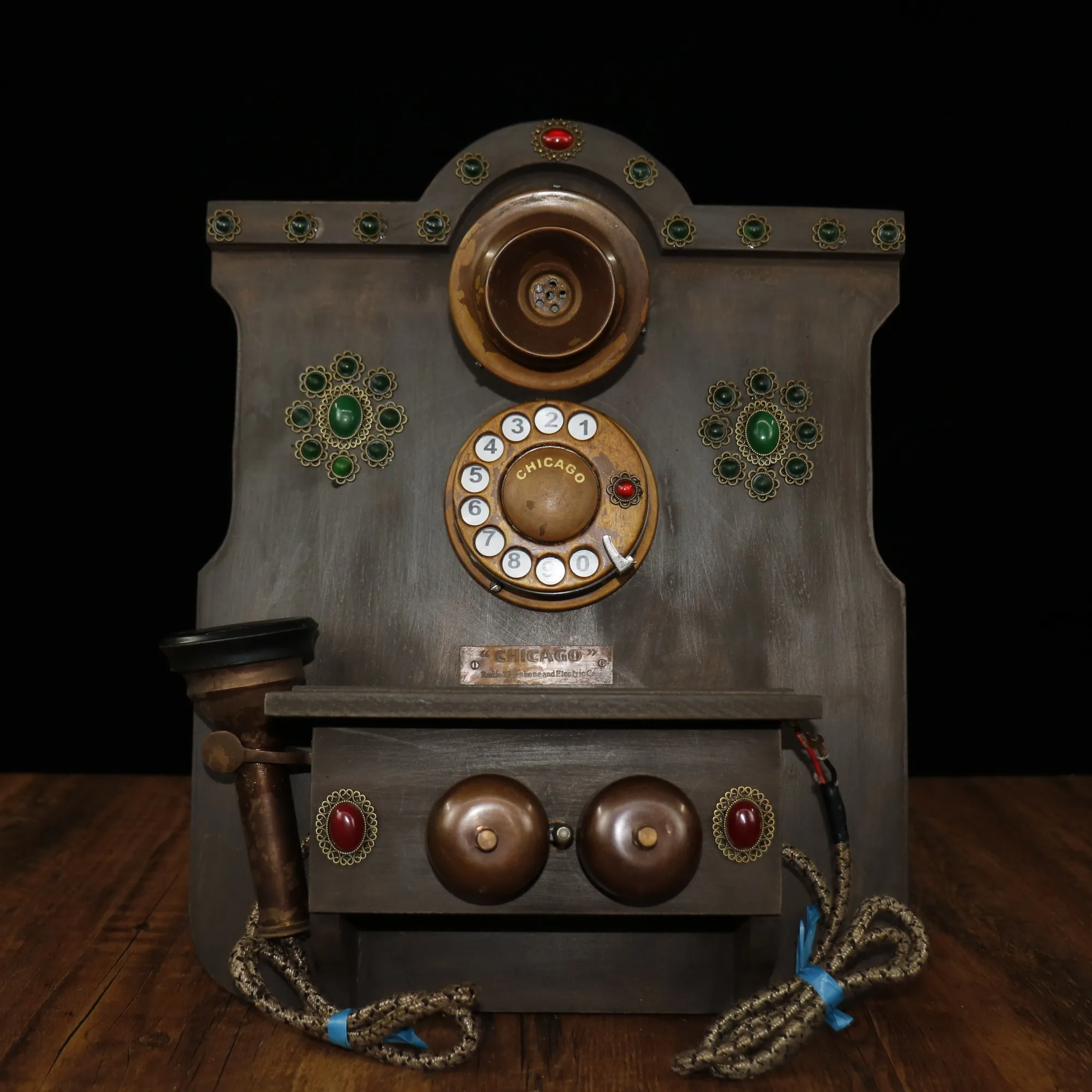 

Home Decor 15" Chinese folk Collection of antiques Old Wooden Bronze Gem Vintage turntable Dial phone One Normal use