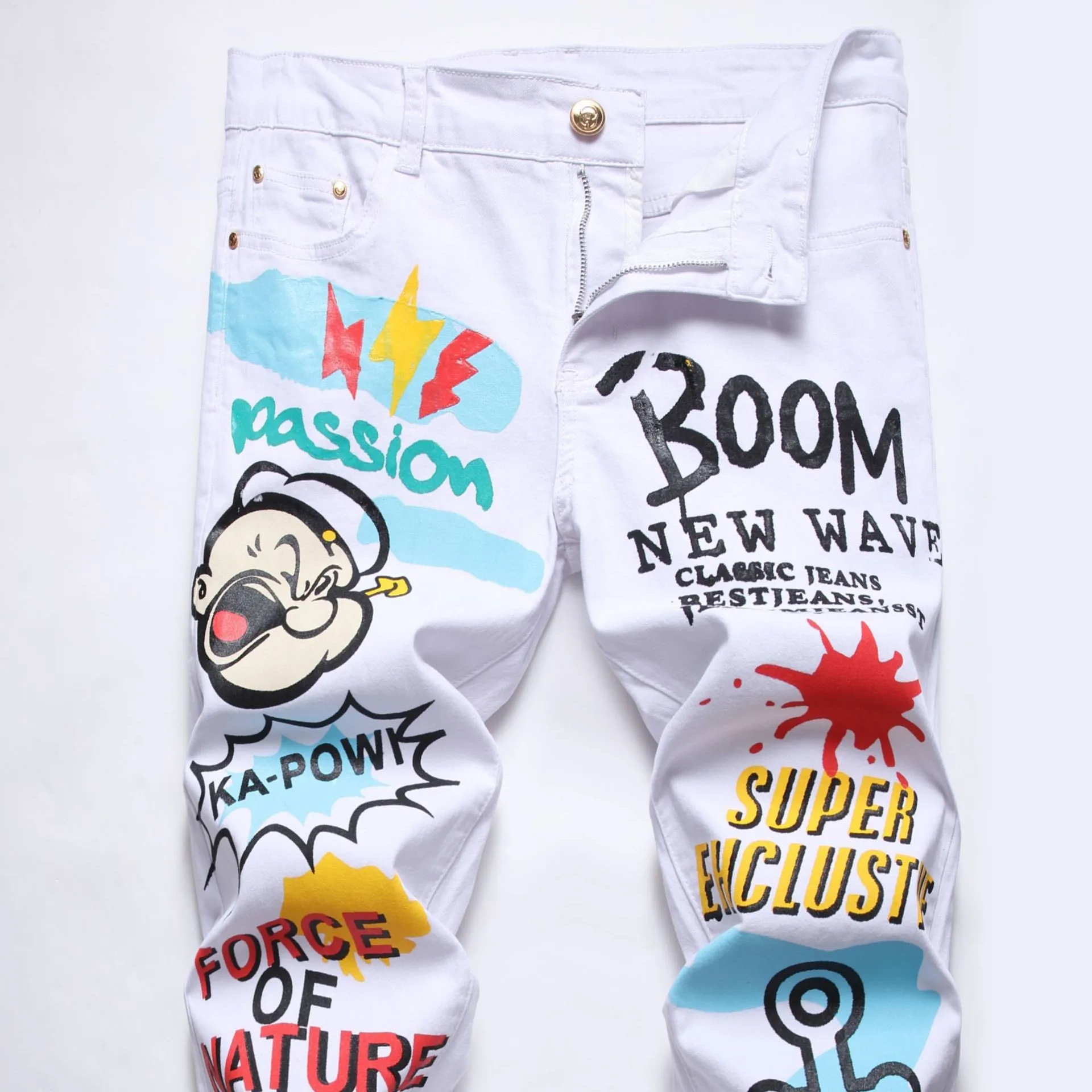 2022 New Men's Slim White Cartoon English Print Jeans Casual Hip-Hop High Street Style Stretch Tide Brand Male Denim Pants