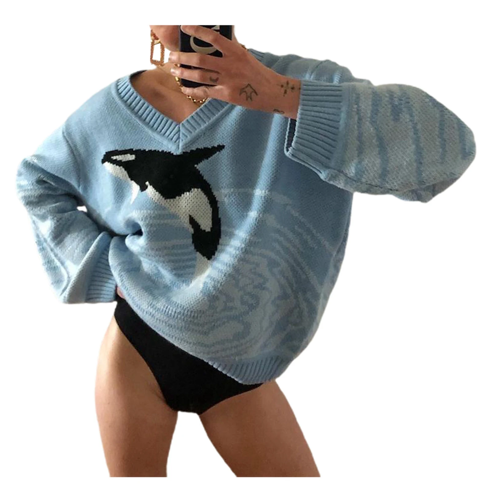 Женский свободный вязаный свитер с мультяшным дельфином Повседневный пуловер