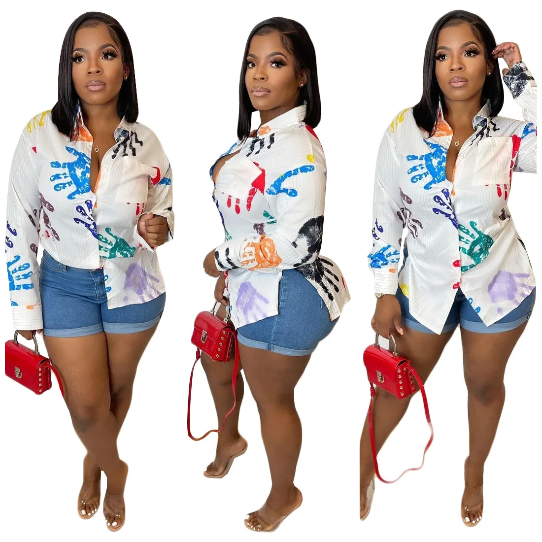 

New Street Style Sexy Top Shirt Casual Printed Shirt Top Women Fashion Color Handmade Single Breasted Full Sleeve Top Autumn