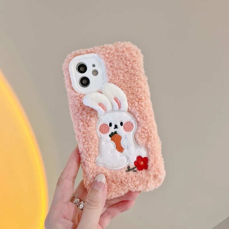 

Cute Cartoon Rabbit Warm Lamb Plush Fabric Phone Case For iPhone 13 12 11 Pro Xs Max X Xr 7 8 Plus Case Fuzzy Soft Back Cover