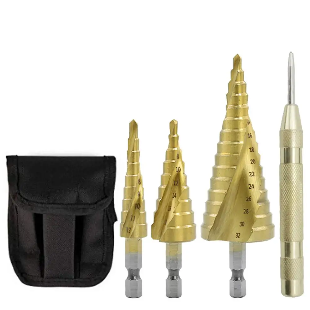 

4pcs Step Cone Drill Bit Hole Cutter Dint Tool Hex Shank Step Drills Kit Shank Coated Metal Drill Bit Set With Storage Bag