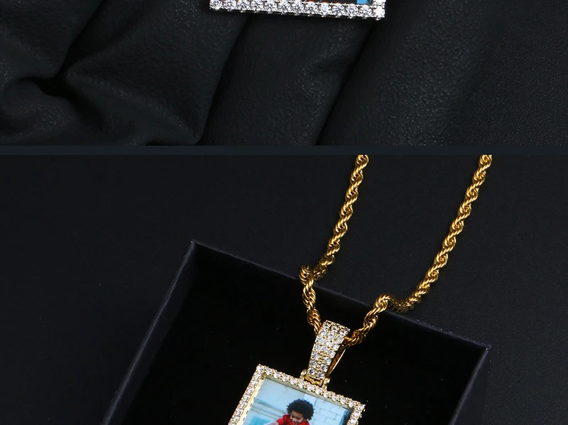 Rectangle Custom Made Photos Medallions Pendant Necklace With AAA Cubic Zircon Rope Cuban Tennis Chain Drop Shipping Gift Box
