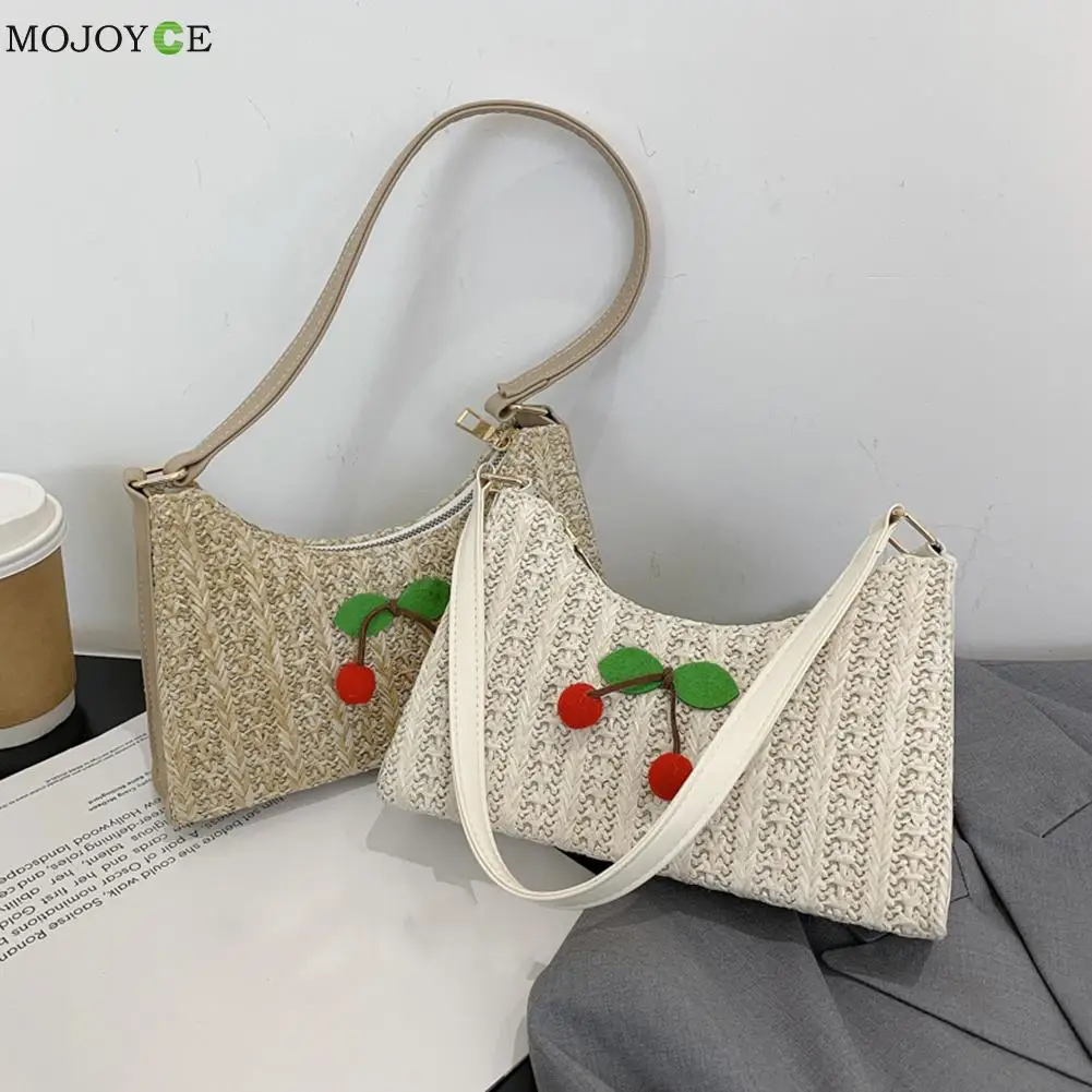 

Женская плетеная Сумка на плечо, повседневный соломенный тоут на молнии с 3D рисунком вишни, шоппер