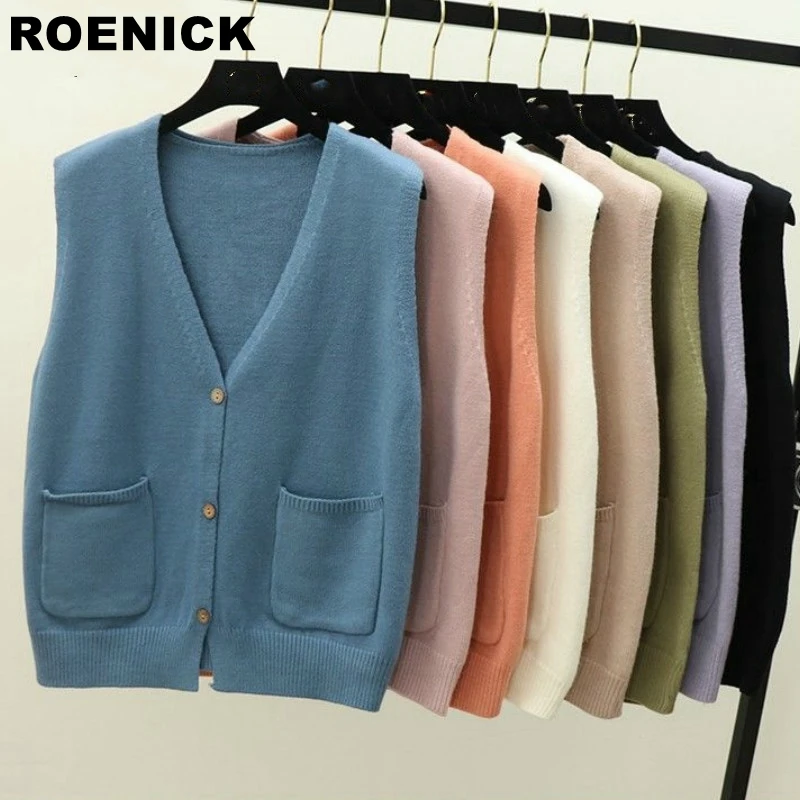 

ROENICK Sweaters Vests Women Pocket Solid Knitted V-neck Sweater Vest Womens Korean Preppy Style Loose Fashion Sleeveless Chic