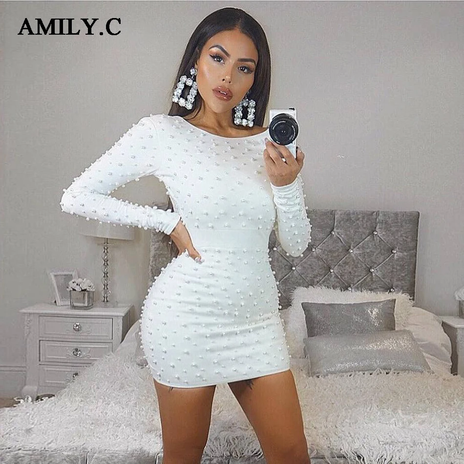 Женское облегающее платье Amily.c 2020 Белое Облегающее с длинными рукавами и круглым