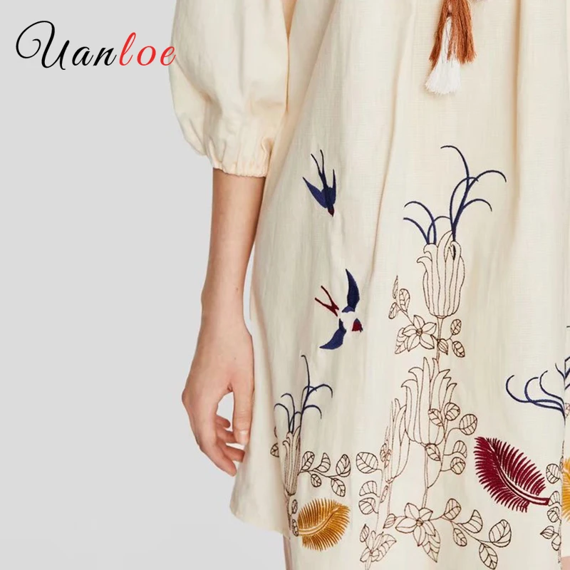 Vintage Floral Embroidery Straight Dress Tassel Tie O Neck Pleated Ladies Summer Fashion Mini Dresses Vestidos 2019 | Женская одежда