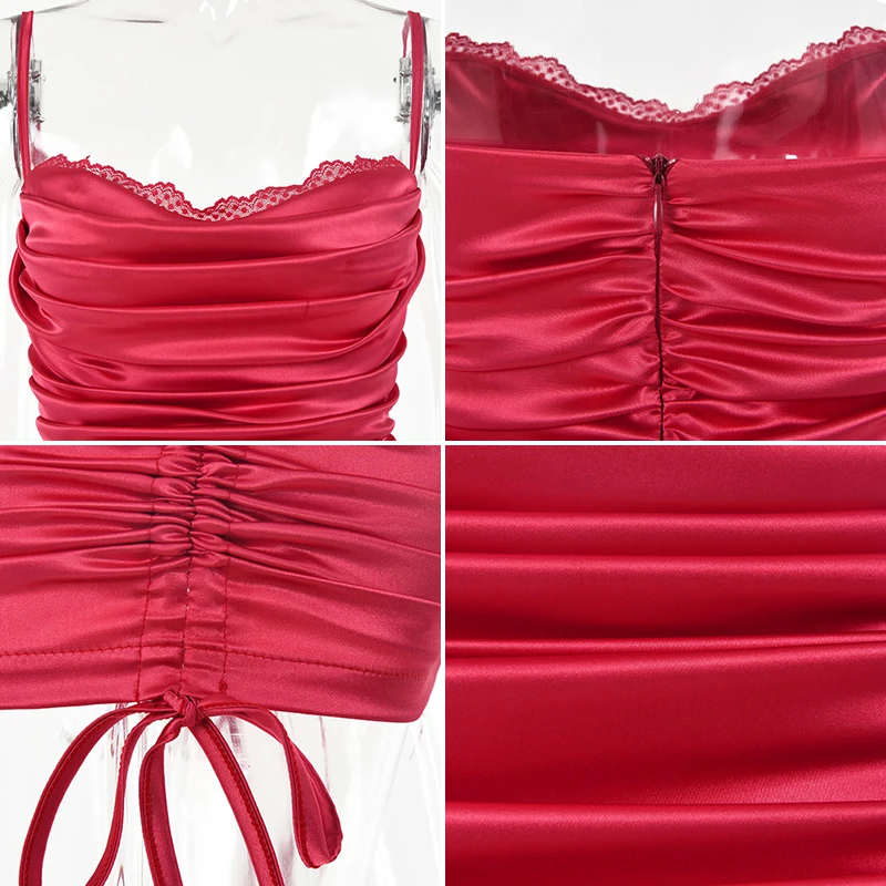 

Summer Lace Ruched Mini Dresses For Women 2021 Sexy Drawstring Backless Slim Dress Clubwear Ladies Sleeveless Vestidos