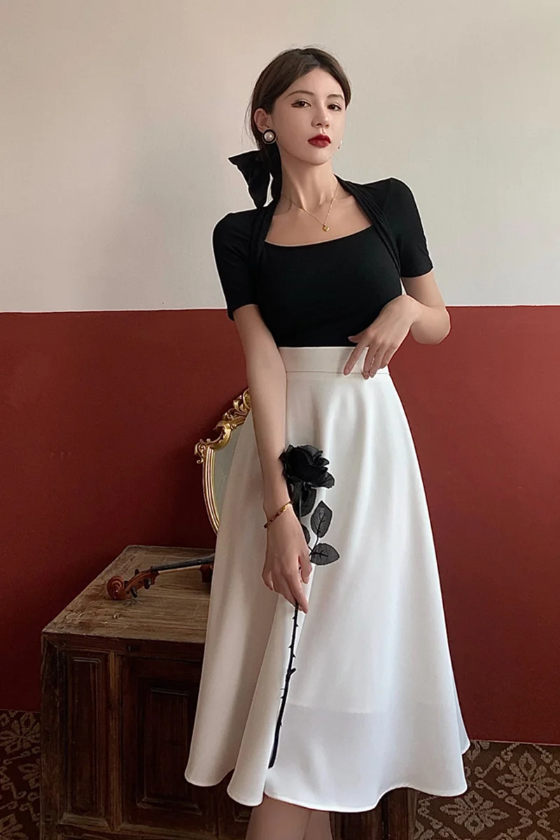 Женская тонкая юбка с высокой талией белая зонтик в стиле Хепберн трапециевидная