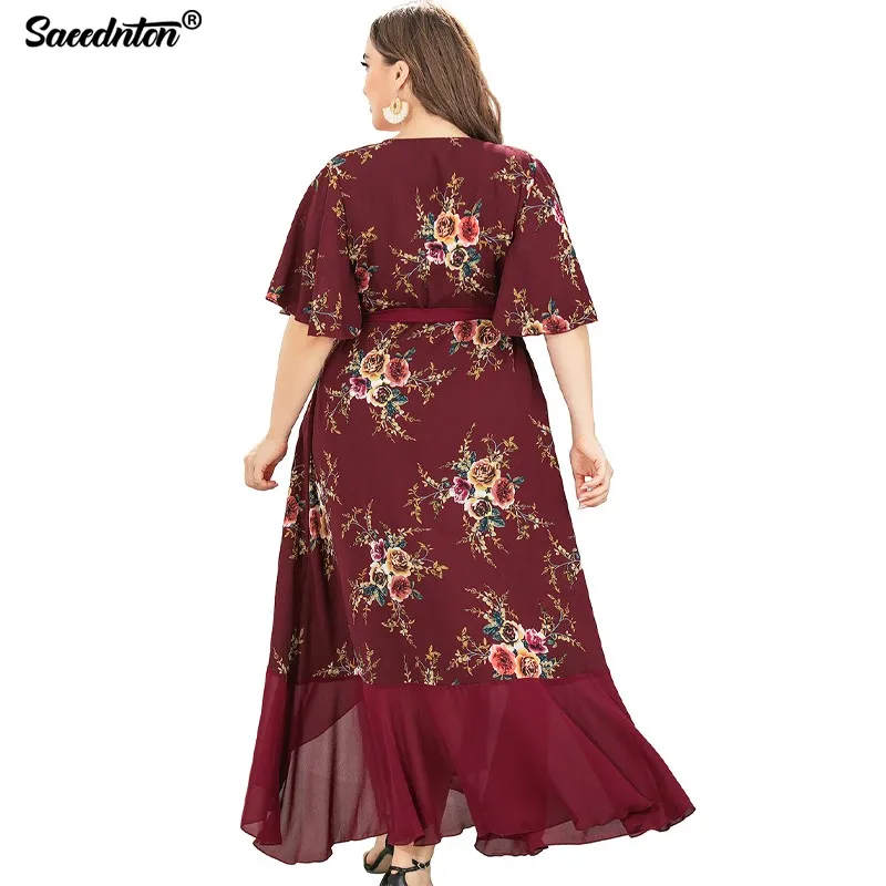 

Vintage Deep V-neck Collar Short Sleeve Dress Women 2021 Female Elegant Plus Size Ruffles Irregular Bodycon Casual Beach Dresses