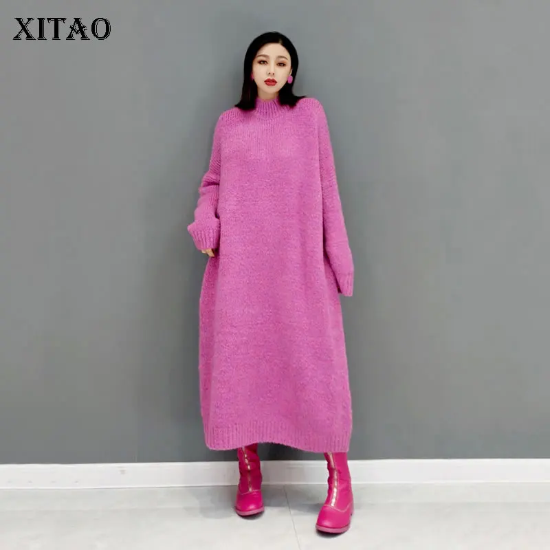 

XITAO модное трикотажное платье, повседневное однотонное свободное платье-пуловер с высоким воротником, базовое платье, новинка зимы 2021, темп...