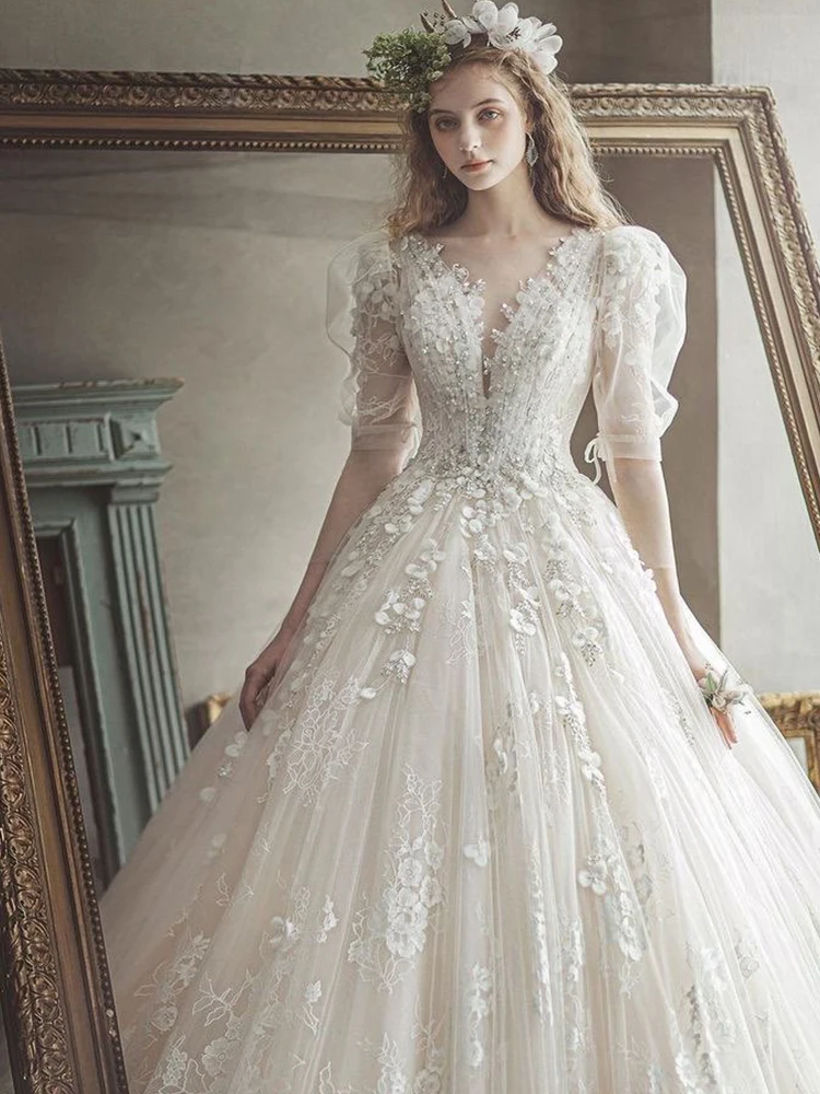 

Женское свадебное платье в стиле бохо, элегантное ТРАПЕЦИЕВИДНОЕ платье невесты с полурукавами, кружевной аппликацией из бисера и пуговицами