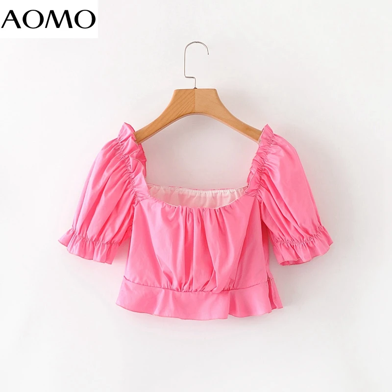 

AOMO women hotpink crop shirt short sleeve 2020 summer chic female sexy slim shirt tops 2M27A