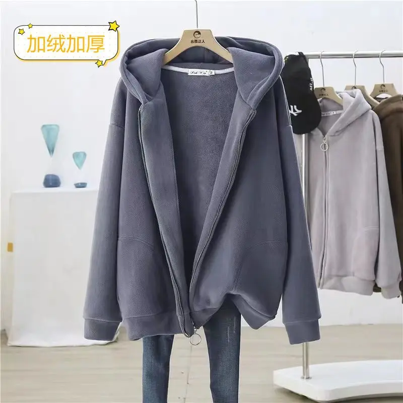 

jackets woman Autumn winter plus velvet thickening new zipper hooded coats Korean fashion student loose women clothing