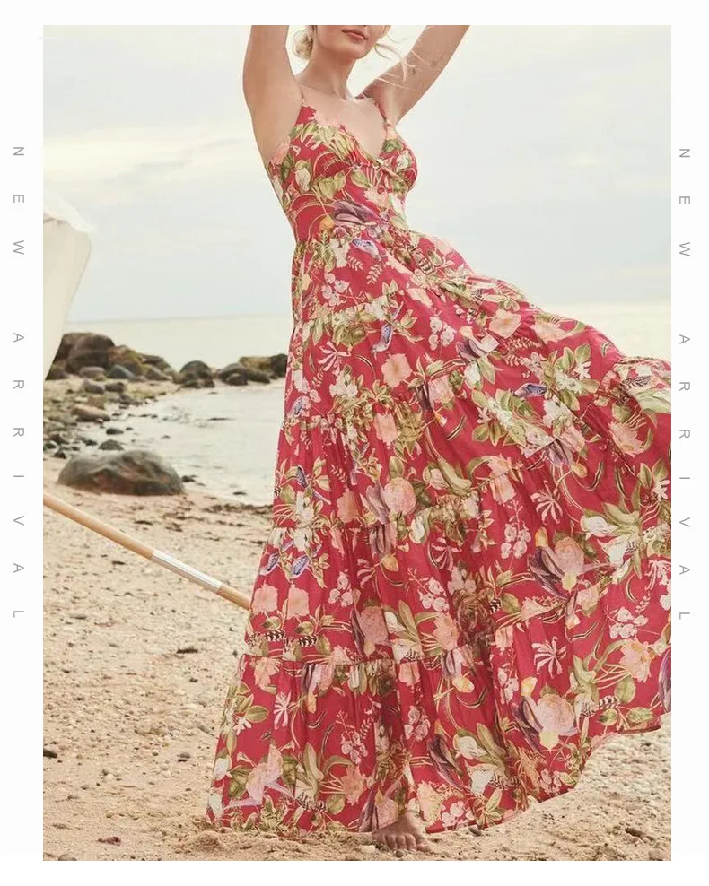 

Court Retro Style 2021 Spring/Summer New Suspender Floral High Waist Beach Vacation Chiffon Long Tube Top Dress