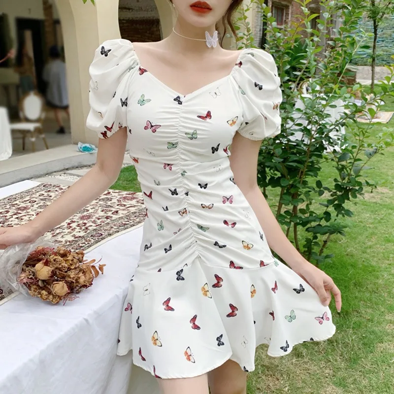 

Fashion Butterfly Print Dress Female V-neck Summer Dress Women Puff Sleeve Short Dress