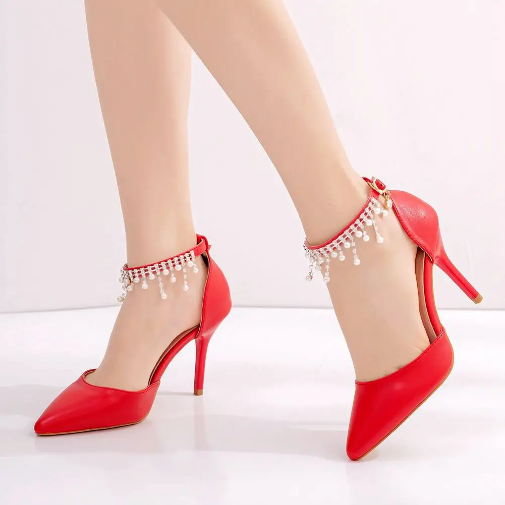 

Классические сандалии с жемчугом и бахромой на цепочке, сандалии на тонком высоком каблуке с острым носком, Свадебная обувь с белыми кружевами, белые свадебные сандалии