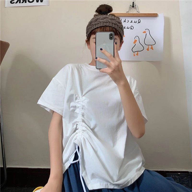 

Summer Irregular Split Fork Drawstring Women Short Sleeve T Shirt Loose 2xl Oversized Fashion Harajuku Black White Girl Clothing