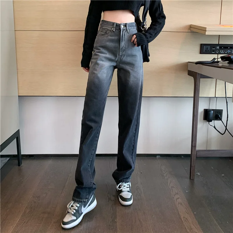 

Slit Leg Jeans For Women Denim Pants Vintage Streetwear High Waisted Jeans Straight Bell Bottom Plus Size Black 2021