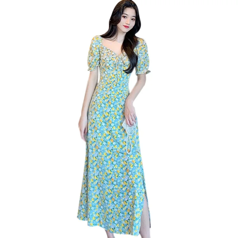 

Summer French Style Fashion Square Collar Literary Elegant Skirt Slim Design Sense Small Fresh Floral Printed Dress Green