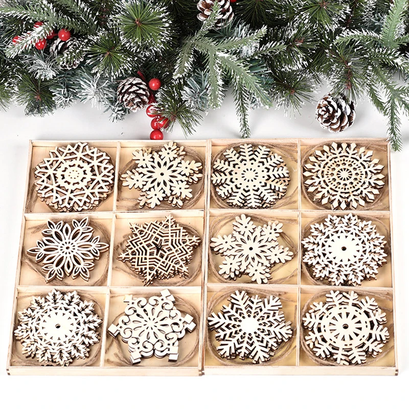 

24Pcs/lot Christmas Ornaments Kids Toys Chirstmas Tree Hanging Pendants Wooden Snowflakes Xmas Decor for Home Party New Year