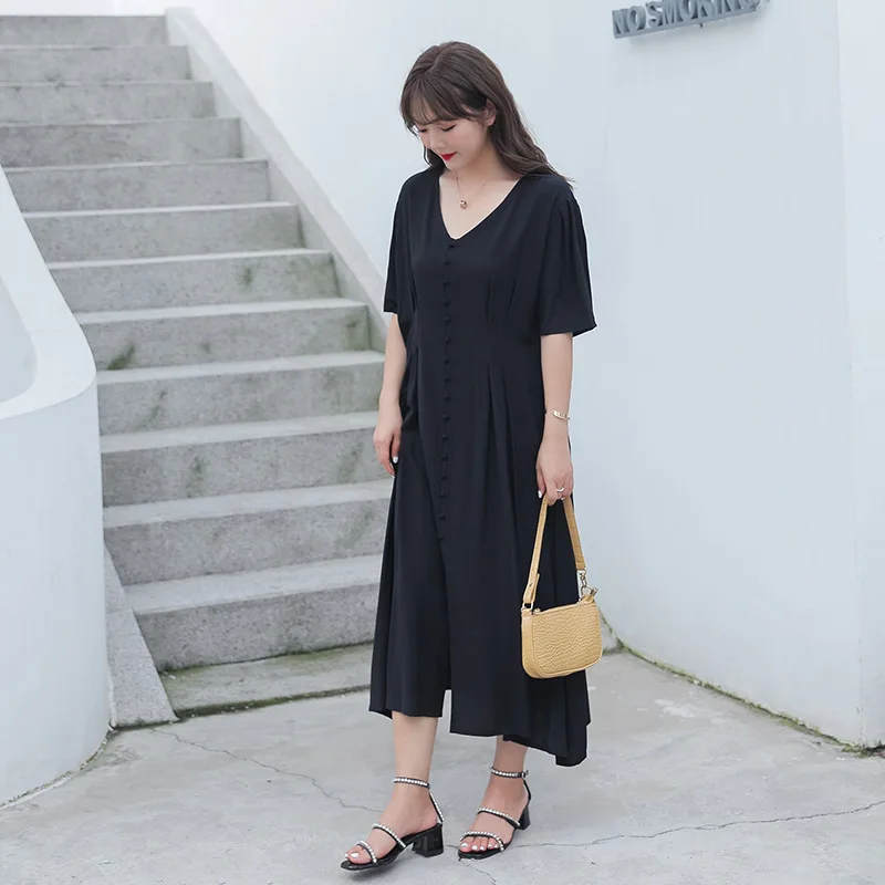 

Women Summer Short Sleeve Korean Dress Single Breasted V-neck Casual Loose Split Dress Solid Party Dress vestidos robe