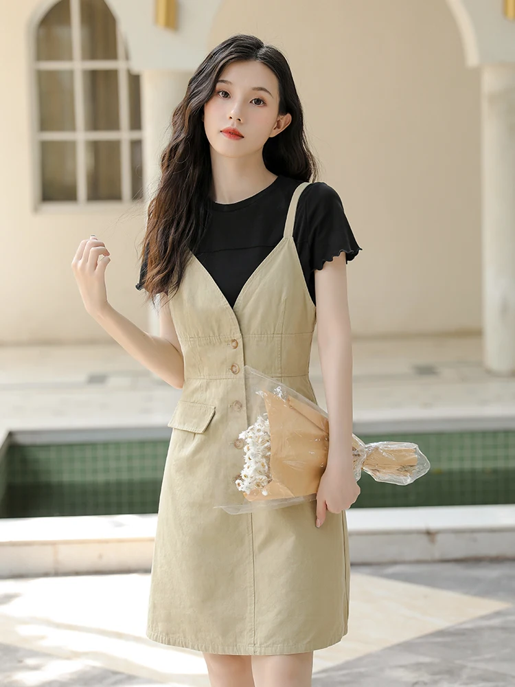 

New Age Reduction A-line Middle-skirt Female Summer Suspender French Dress Two-piece Suit High Waist V-neck