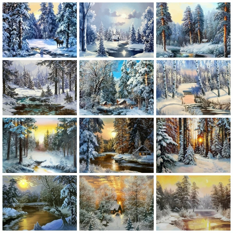 

AZQSD Diy Painting By Numbers For Adults Forest Sunset Diy Picture By Numbers Landscape Tree Winter Handmade Home Decor 40x50cm