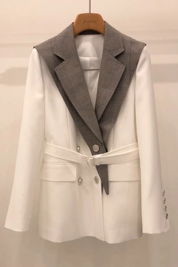 

IEQJ 2021 Spring Autumn New Pattern Notched Long Sleeve Hit Colors Double Breasted Vintage Suit Coat Women Blazer 3AK04300XL