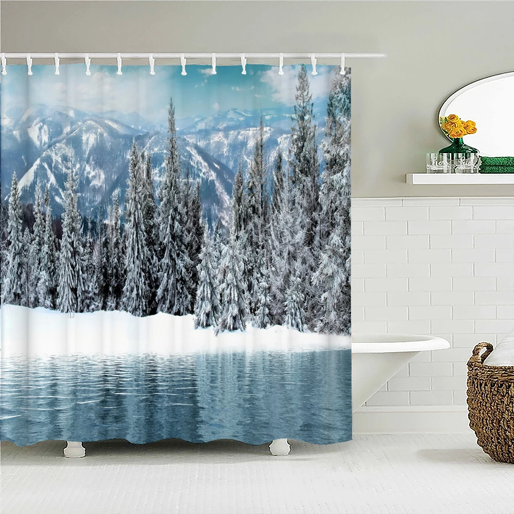 

Snow Scene Scenery Waterproof Fabric Shower Curtain Cedar Trees landscape Printed Shower Curtains for Bathroom Shower with Hooks