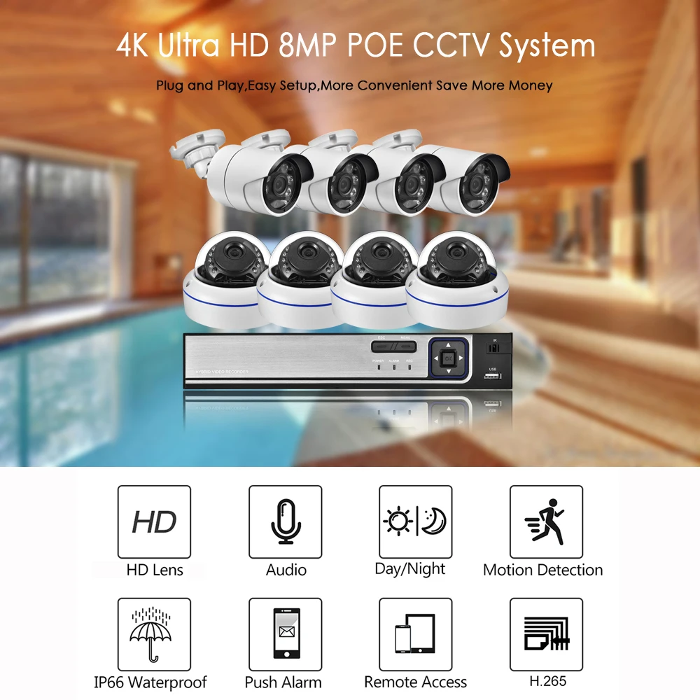 Комплект охранной системы AZISHN 4K Ultra HD 8MP H.265 POE NVR наружная и внутренняя IP-камера P2P