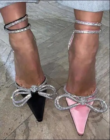 

New Arrivals Pink Stain High Heel Shoes Bling Bling Crystal Bowtie Ankle Wrap Sandals Knot Pointed Toe Shallow Dress Shoes