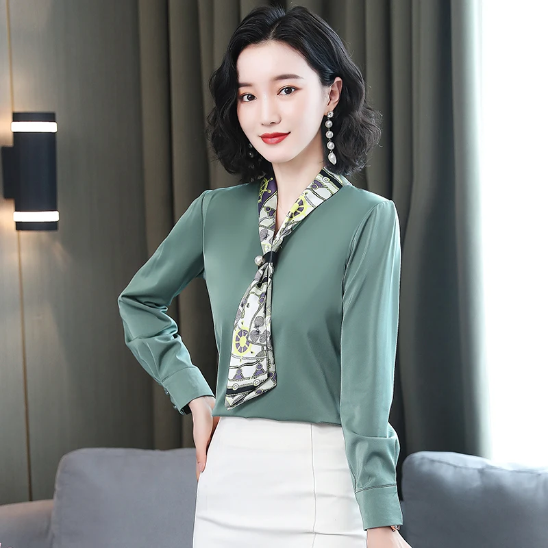 

Houthion Chiffon Slim Women's Blouses New Casual Blouse Fashion Long Sleeve Top Solid Color Bow Tie Shirt Spring/autumn