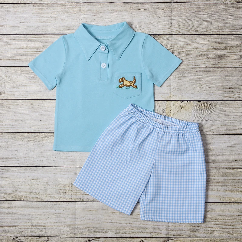 

New Fashion Boutique Summer Girls Pink Plaid Sleeveless Running Puppy Embroidery Pattern Baby Romper