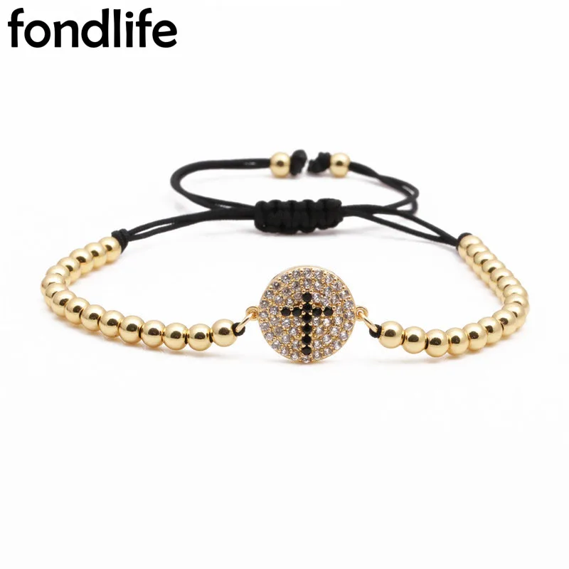 

AAA White Cubic Zirconia Crystal Cross Charm Adjustable Bracelet Women 4mm Copper Beads Black Cord CZ Macrame Jewelry Present