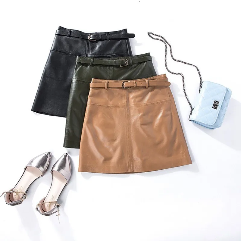 

2020 Fashion Elegant Ladies Slim Fit Office Skirt Women High Waist Party Genuine Leather Belted A Line Mini Skirts Khaki Black