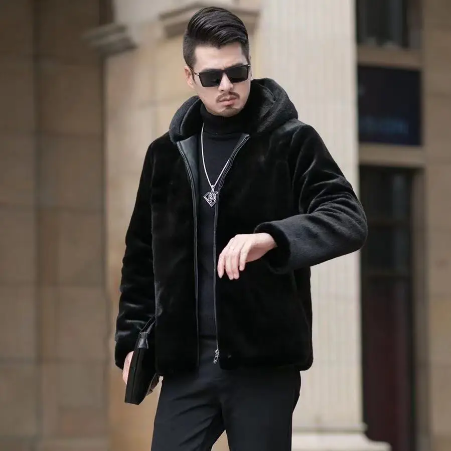Mink coat men's short mink coat imported imitation mink fur casual hooded men's whole mink fur winter clothes