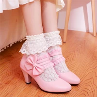 sweet lolita kawaii shoes mary jane shoes for women high heels bow block heel wedding shoes woman school girls cosplay shoes