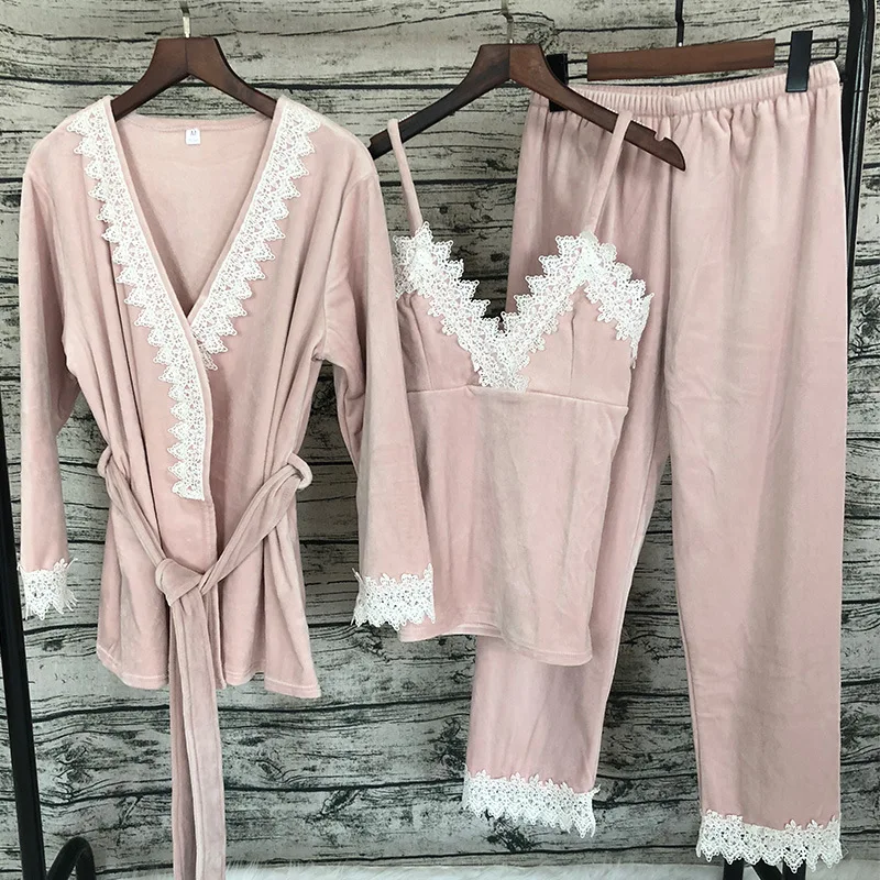 Бархатный пижамный комплект из 3 предметов Фланелевая пижама сексуальный